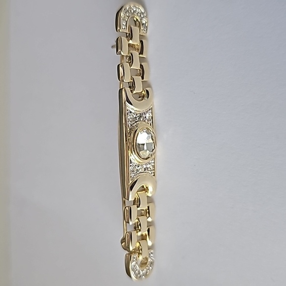 Vintage Gold Tone Metal and Rhinestone Chain Link Bar Brooch - Picture 5 of 5